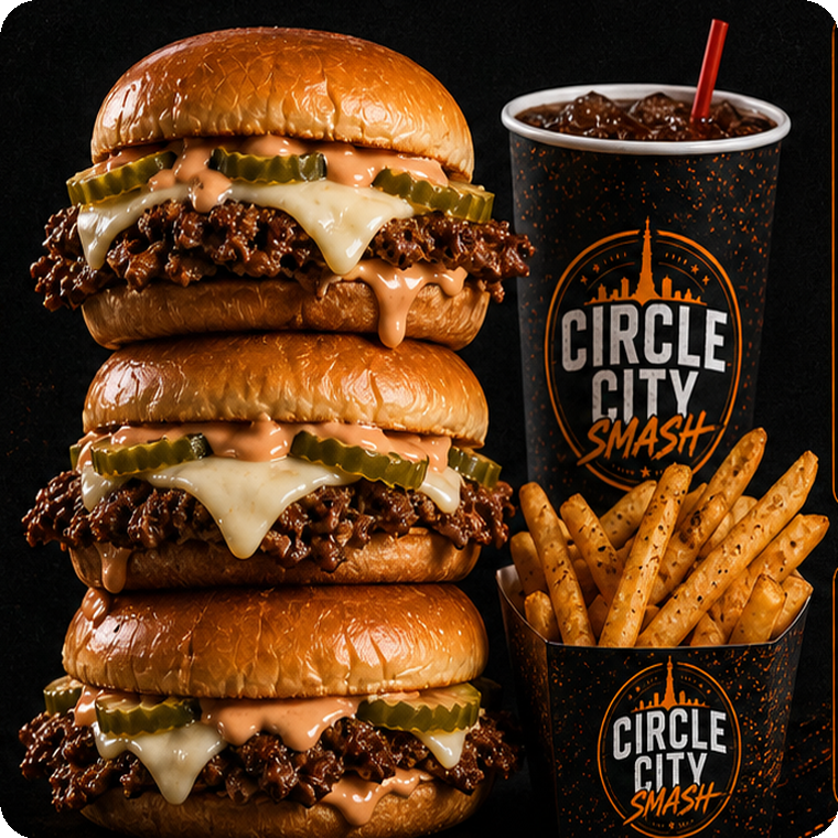 Smash burger with white cheese, pickles, sauce, straight-cut fries, and soda